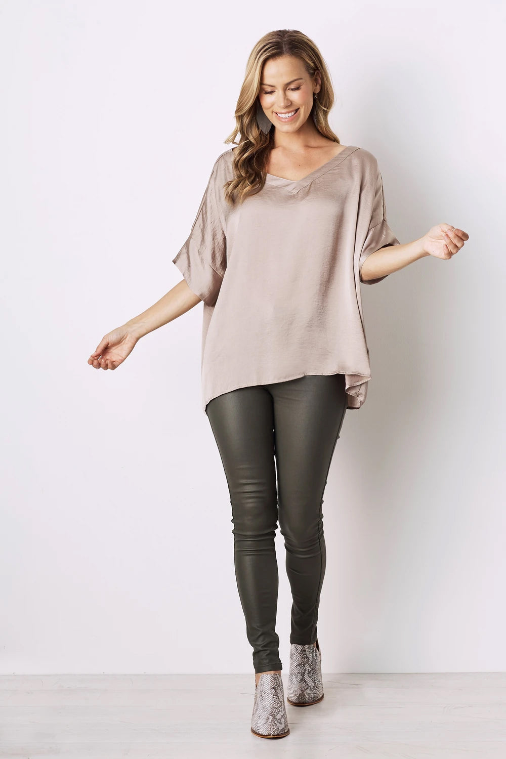 Bianca Short Sleeve Top Almond with V Neck Tops