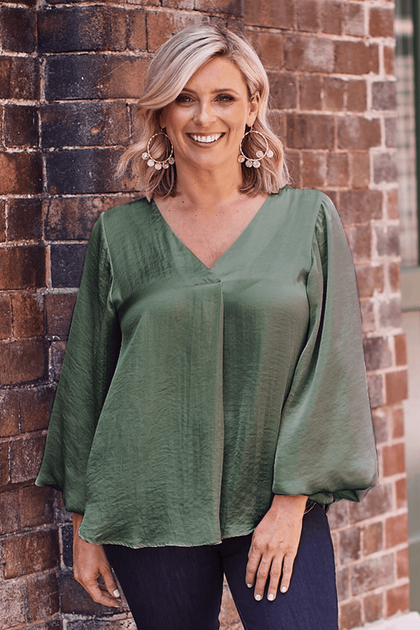 Charlotte V-Neck Long Sleeve Top Olive Tops