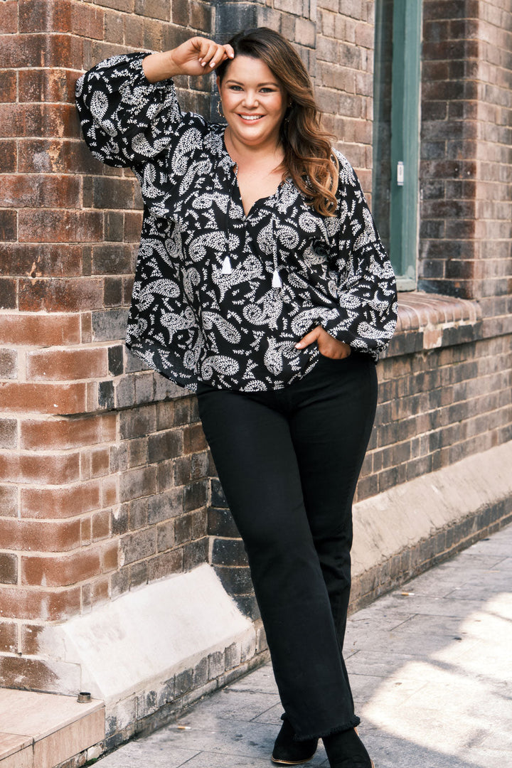 Paisley Long Sleeve Top Black Tops