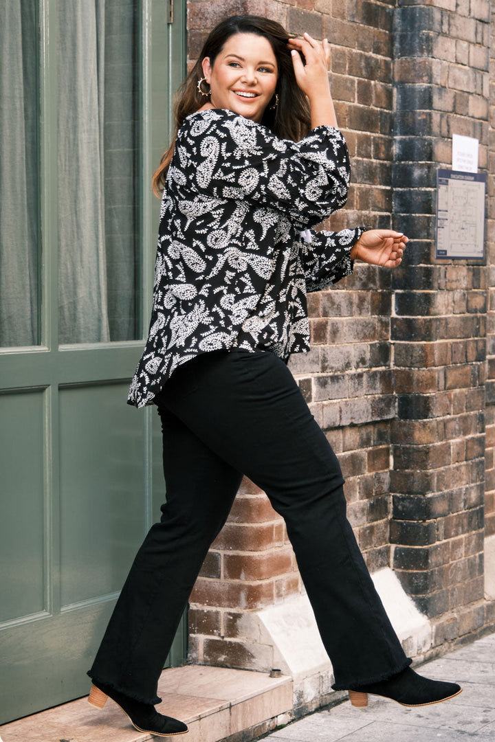 Paisley Long Sleeve Top Black Tops