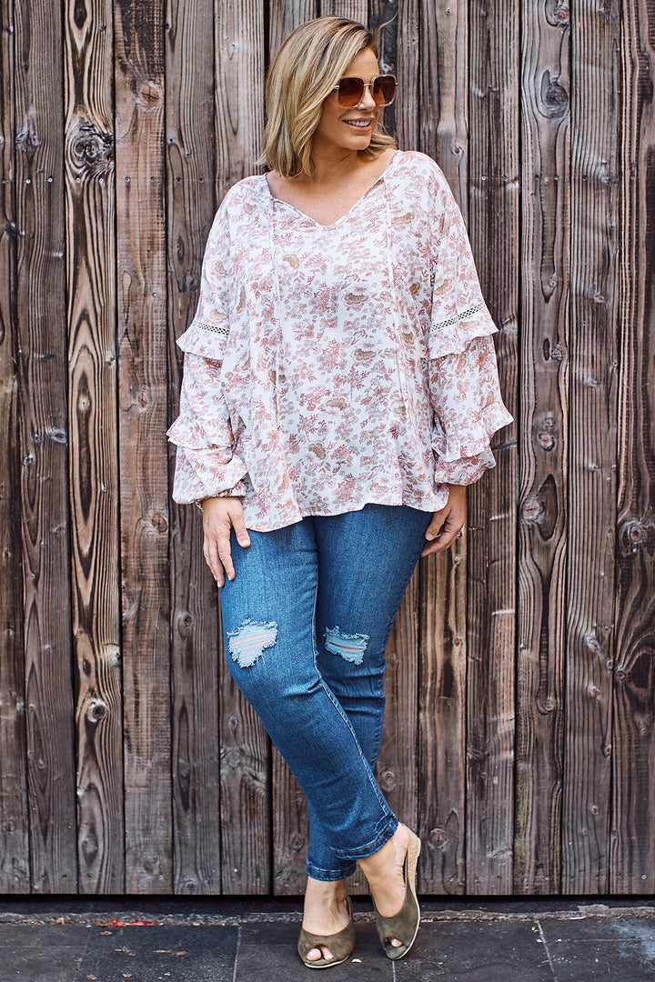 Antonella Ruffle Top Rose Tops