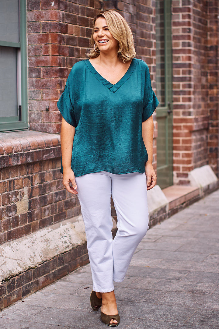 Bianca Short Sleeve Top Forest Green with V Neck Tops