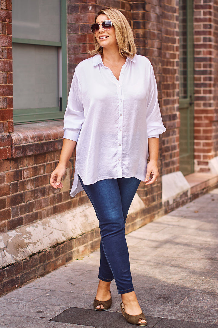 Briella Long Sleeve Collared Shirt in White Tops