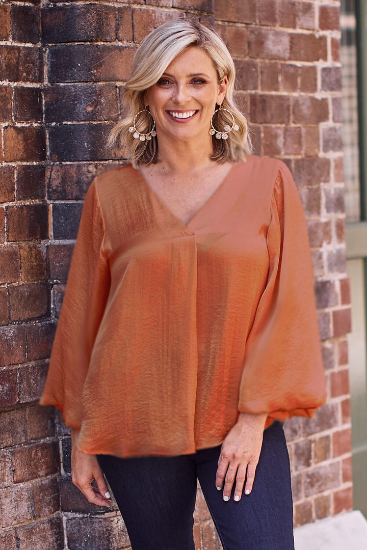 Charlotte V-Neck Long Sleeve Top Terracotta Tops