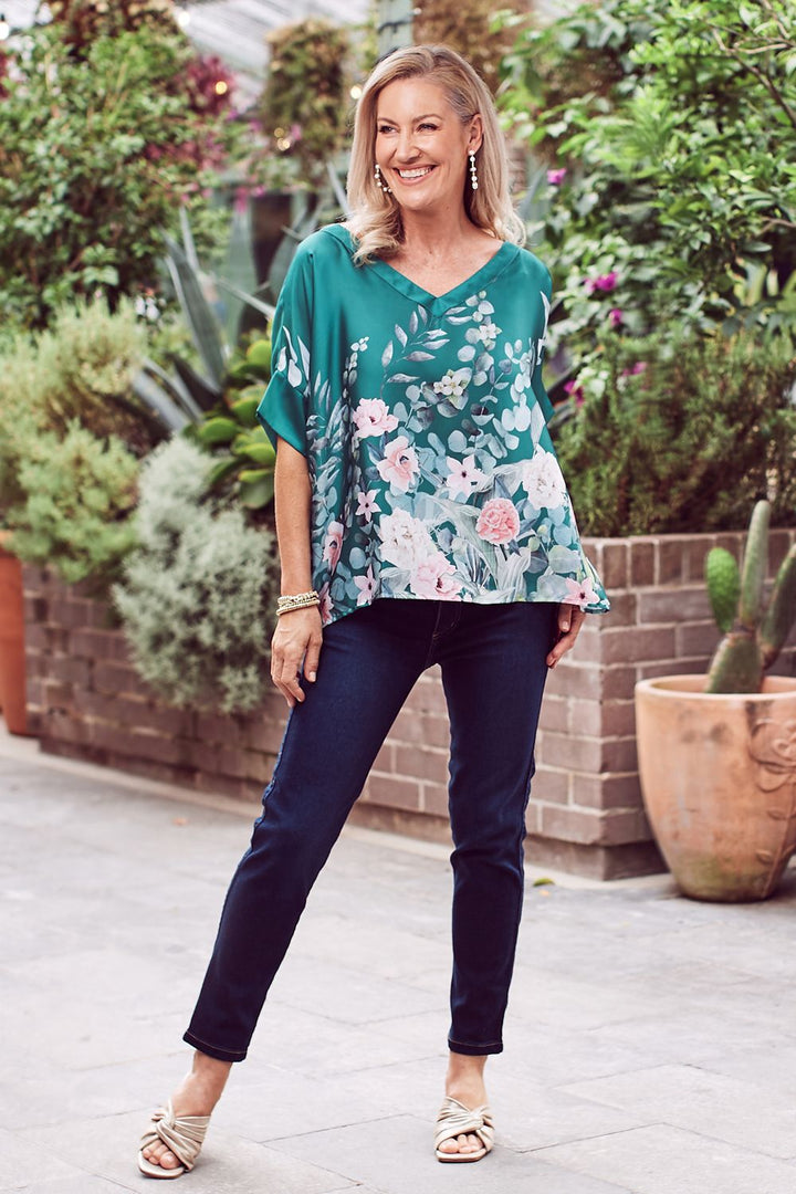 Rosalind Short Sleeve Top with V Neck Emerald Tops