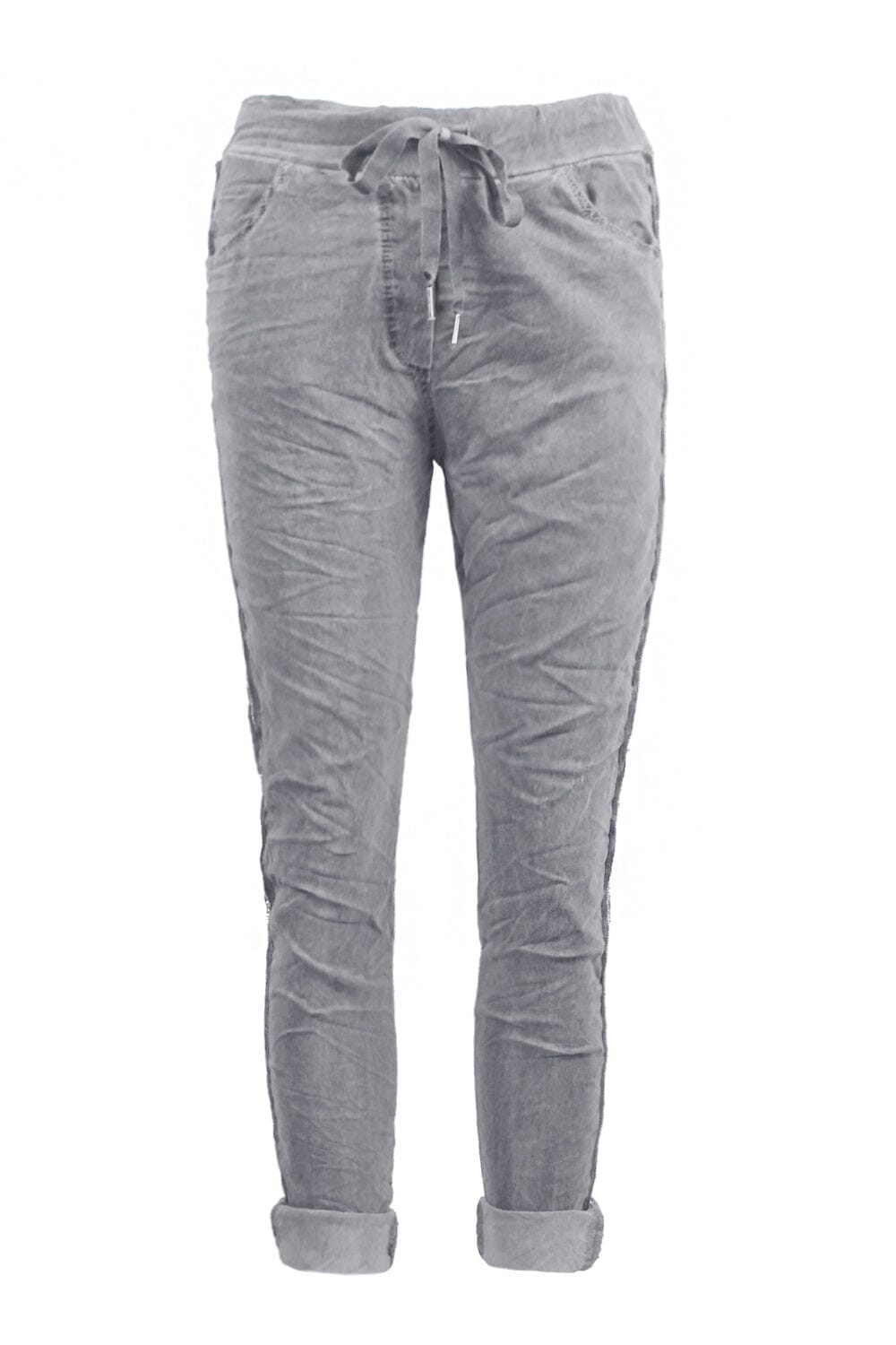 Rhinestone Side Stripe Crinkle Jogger Grey Pants